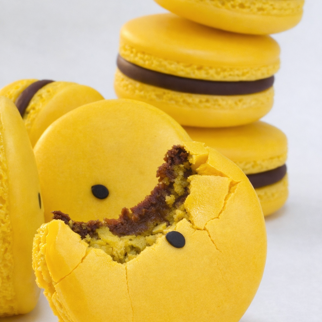 Yellow macarons with chocolate filling on a white background