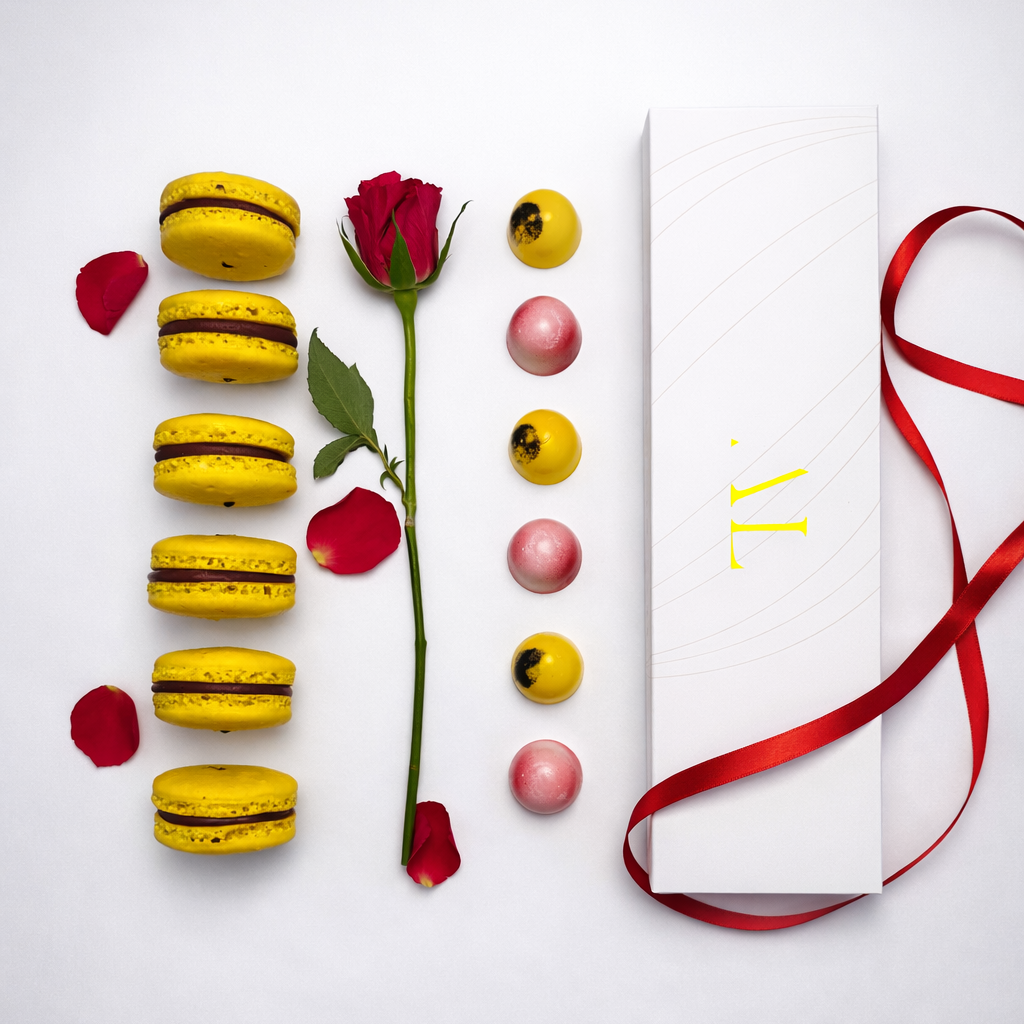 Colorful macarons, a rose, and a red ribbon on a white background