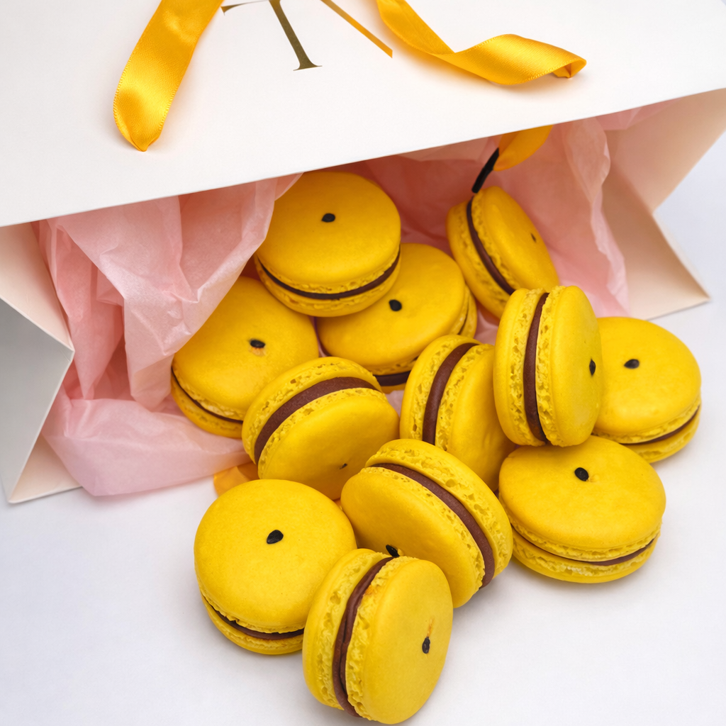 Yellow macaron cookies with chocolate filling on a white background